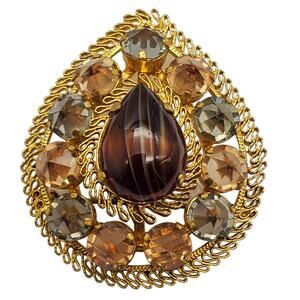 Austria Crystal Faux Agate Brooch Gold Tone Filigree Pin Teardrop Statement Vtg